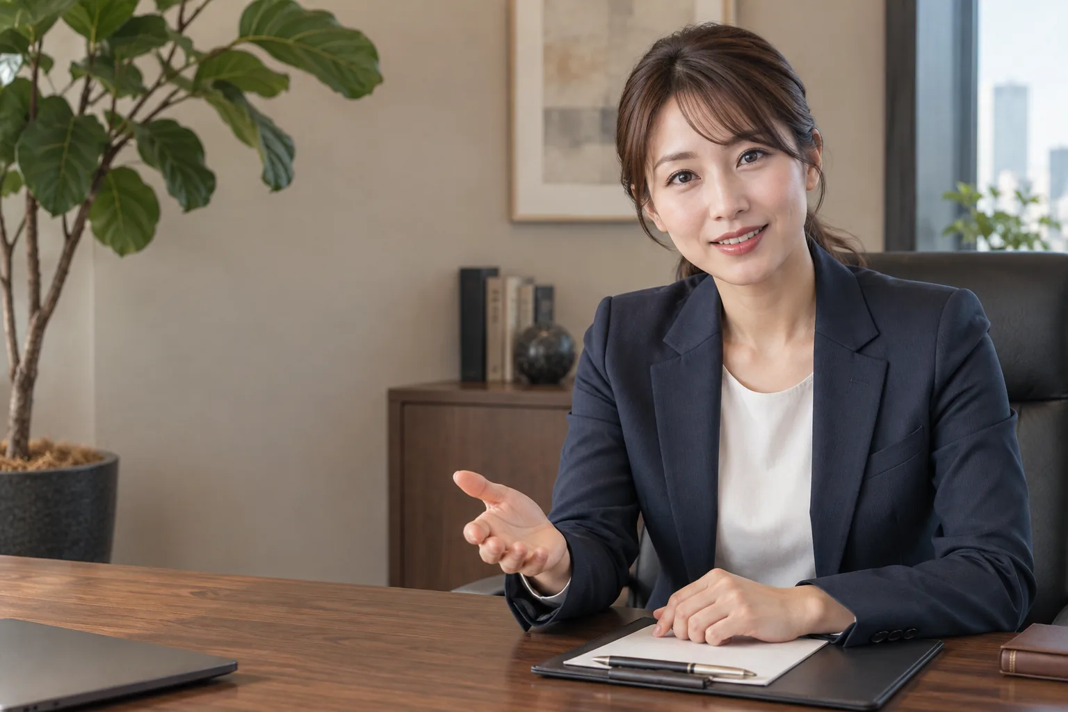 大きな観葉植物のある社長室で、若い女性秘書が親身に話しかける、AIの相談役のイメージ