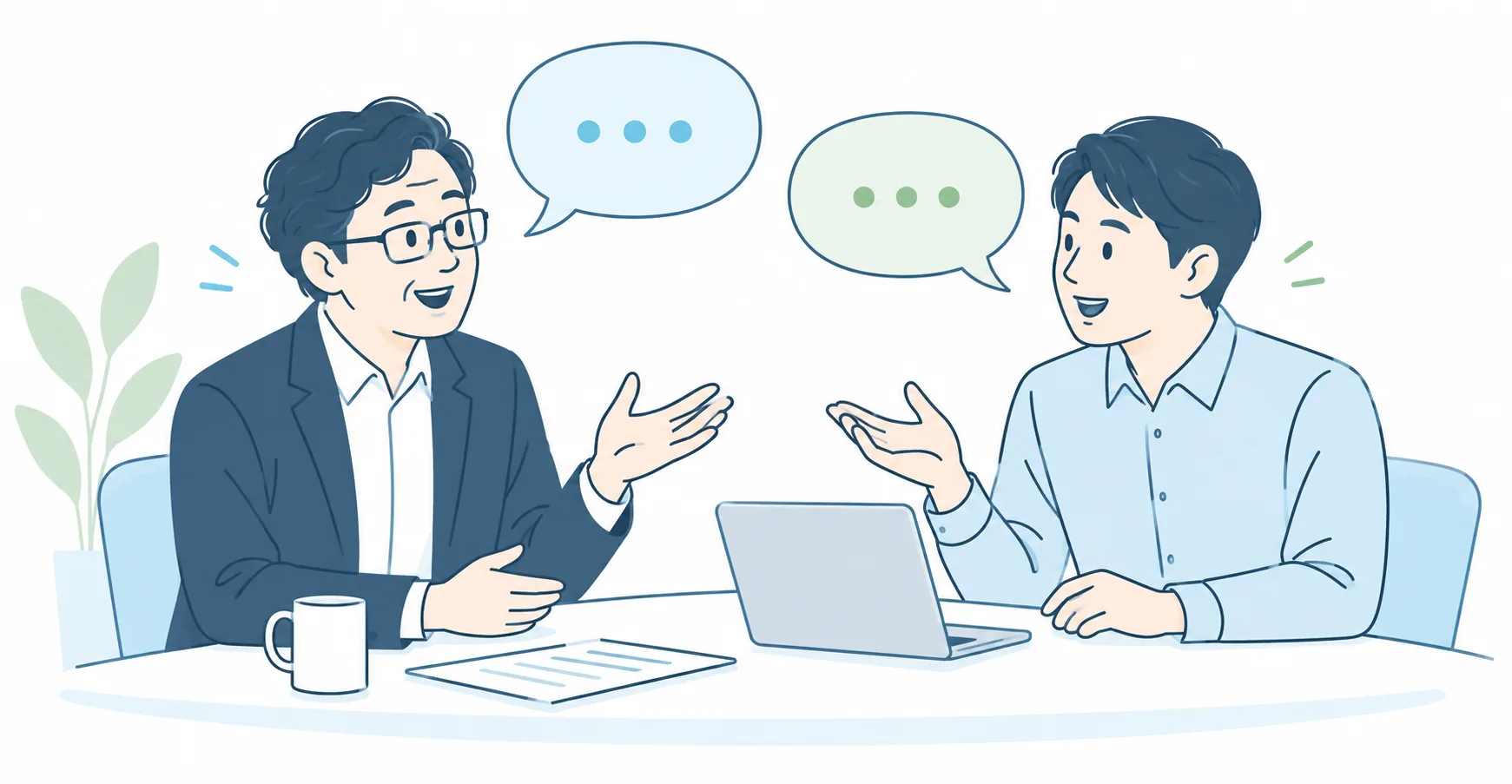 経営者と講師が向かい合い、身ぶりを交えて話し合う場面
