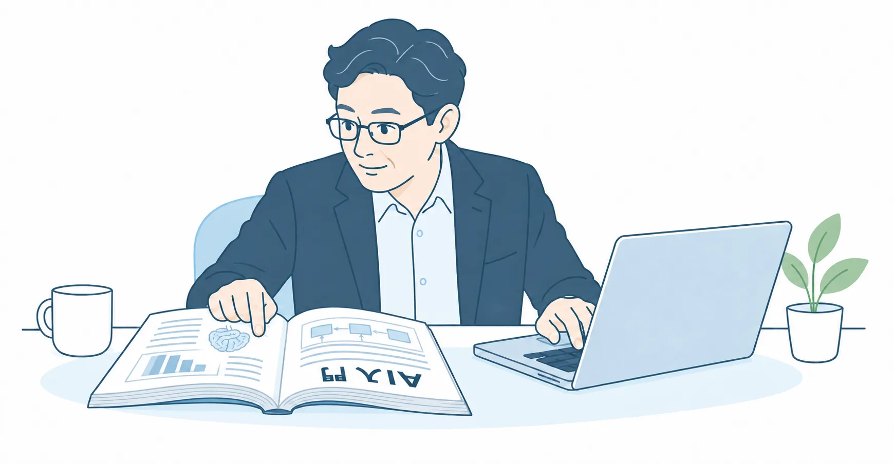 経営者がAIの入門書を読み、調べながらパソコンで試す場面