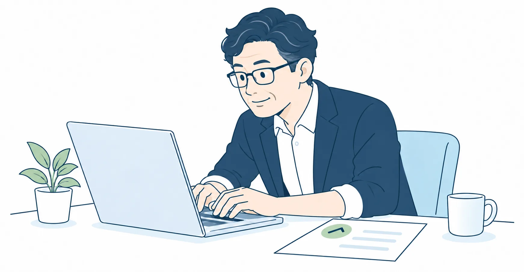 経営者が自ら前のめりにパソコンを操作し、仕事を進める場面