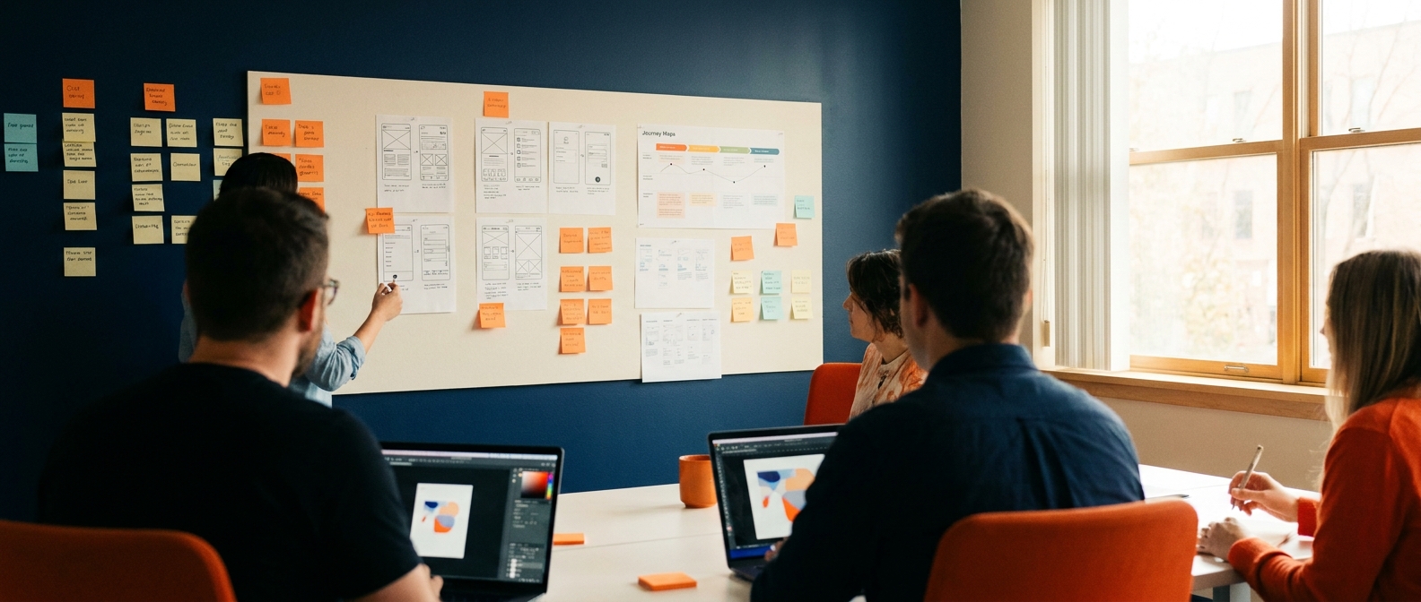 A modern editorial photograph of a multidisciplinary product design team collaborating around a wall covered with sticky notes, wireframes and journey maps. Soft warm afternoon lighting, shallow depth of field. Two laptops with abstract design tooling open. Color palette: deep navy background, vibrant orange accents, off-white wall. 21:9 cinematic aspect ratio, professional editorial style, no logos, no faces clearly visible, calm focused mood.