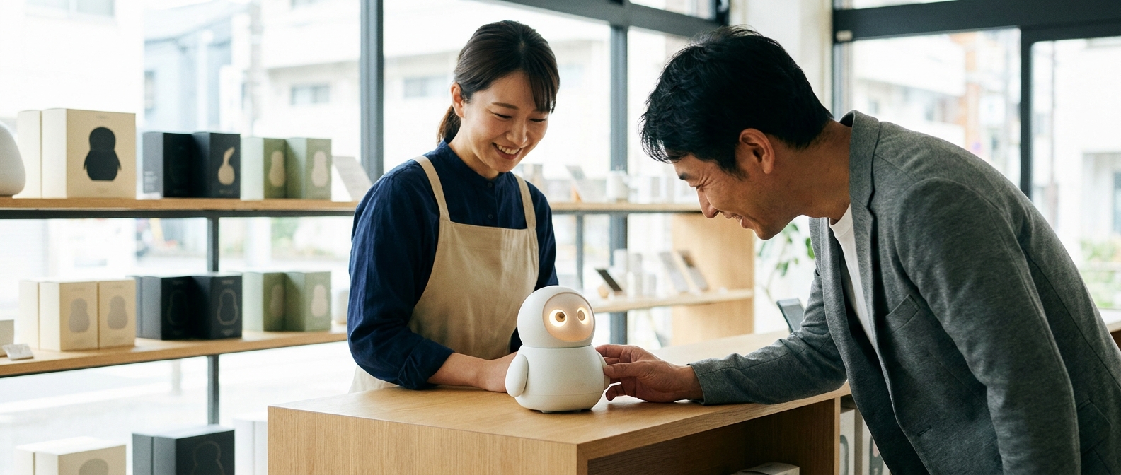 Editorial photograph of a friendly retail counter scene in a clean modern Japanese store. On top of a wooden product display counter sits a small palm-sized white companion robot character—about the size of a human hand, smooth matte white rounded body, no arms, no mouth, no nose, no antenna, only two large round expressive eyes glowing softly with a warm friendly emotion (the robot has no other facial features whatsoever). A Japanese sales associate in their 30s, wearing a neat smart-casual uniform, stands behind the counter smiling and watching the interaction warmly. A customer (Japanese, 30s to 40s, casual attire) leans in toward the counter from the front, looking at the tiny robot with curiosity and warmth. Both human faces are natural, expressive, clearly visible with positive engaged expressions; ages and styling vary to feel realistic and inclusive. The composition makes the robot's small palm size obvious by comparison with the human hand visible nearby. Background: tidy product shelves with abstract boxed goods (no brand names, no text), soft natural lighting from large storefront windows. Color palette: clean off-white walls, warm cream tones, subtle deep ink black accents, and a touch of soft sage green. 21:9 cinematic aspect ratio, professional editorial photography with shallow depth of field, no logos, fictional respectful Japanese faces that do not resemble any real person, optimistic atmosphere of small companion robot retail experience.