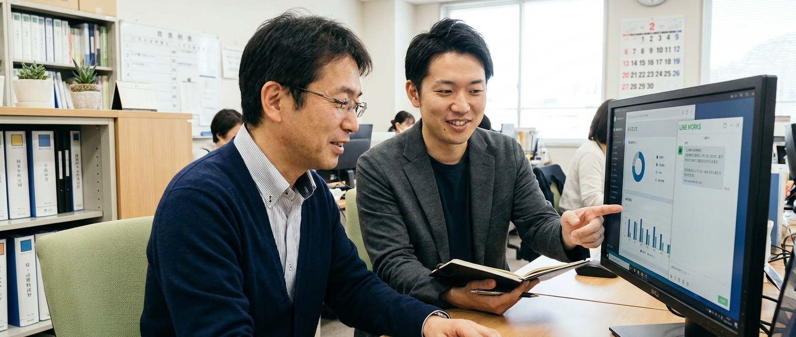 Editorial photograph showing a hands-on consulting session inside a working Japanese municipal office. A Japanese public sector employee in their 40s, wearing a neat business casual outfit, is seated at their own desk reviewing an administrative dashboard on a large monitor that displays clean abstract data tables, simple charts and a generic LINE-style chat preview window. Beside them, a friendly external DX consultant (Japanese, mid-30s, smart casual) sits slightly leaned in, pointing at the screen with a notebook and pen, walking through improvements together. Both faces are natural, expressive, clearly visible with focused collaborative expressions. Background shows subtle municipal office details—document shelves, a small Japanese desk plant, a wall calendar—softly out of focus. Soft natural daylight from a side window. Color palette: clean off-white walls, warm wooden desk tones, subtle deep ink black accents, and a touch of soft sage green from chair fabric. 21:9 cinematic aspect ratio, professional editorial photography with shallow depth of field, no logos, fictional respectful Japanese faces that do not resemble any real person, supportive partnership atmosphere of side-by-side public sector DX coaching.
